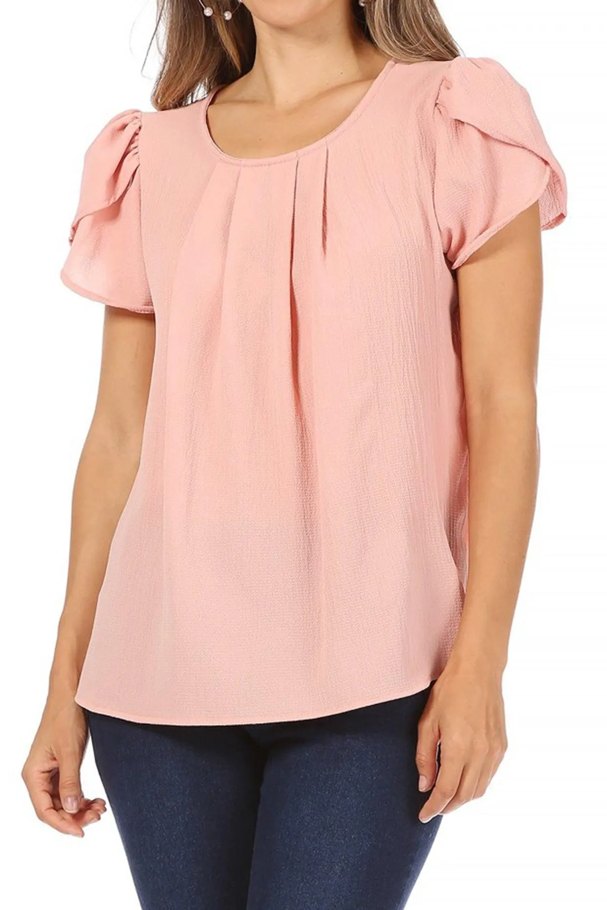 Women's Casual Solid Pleated Front Petal Cap Sleeve Round Neck Blouse