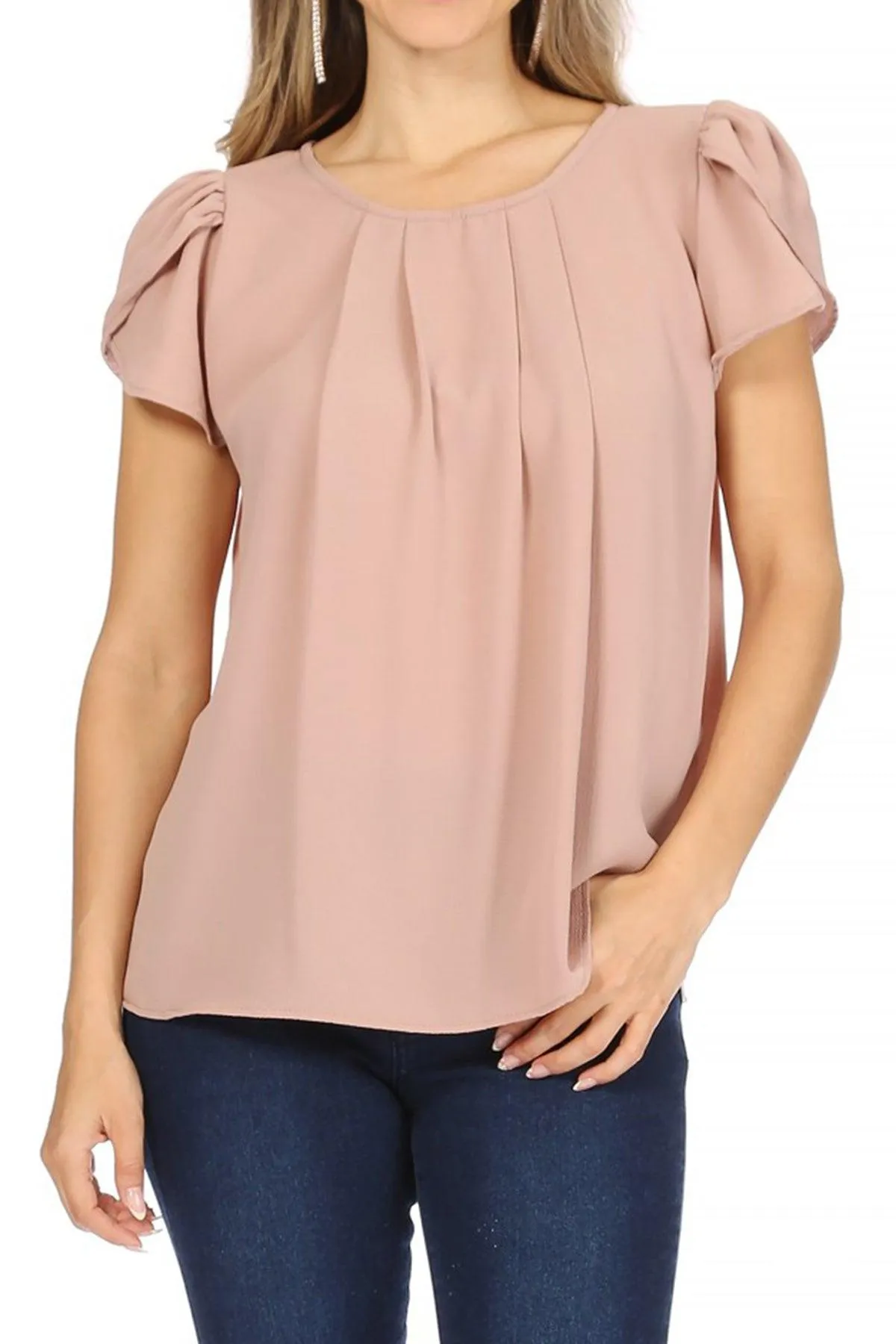 Women's Casual Solid Pleated Front Petal Cap Sleeve Round Neck Blouse