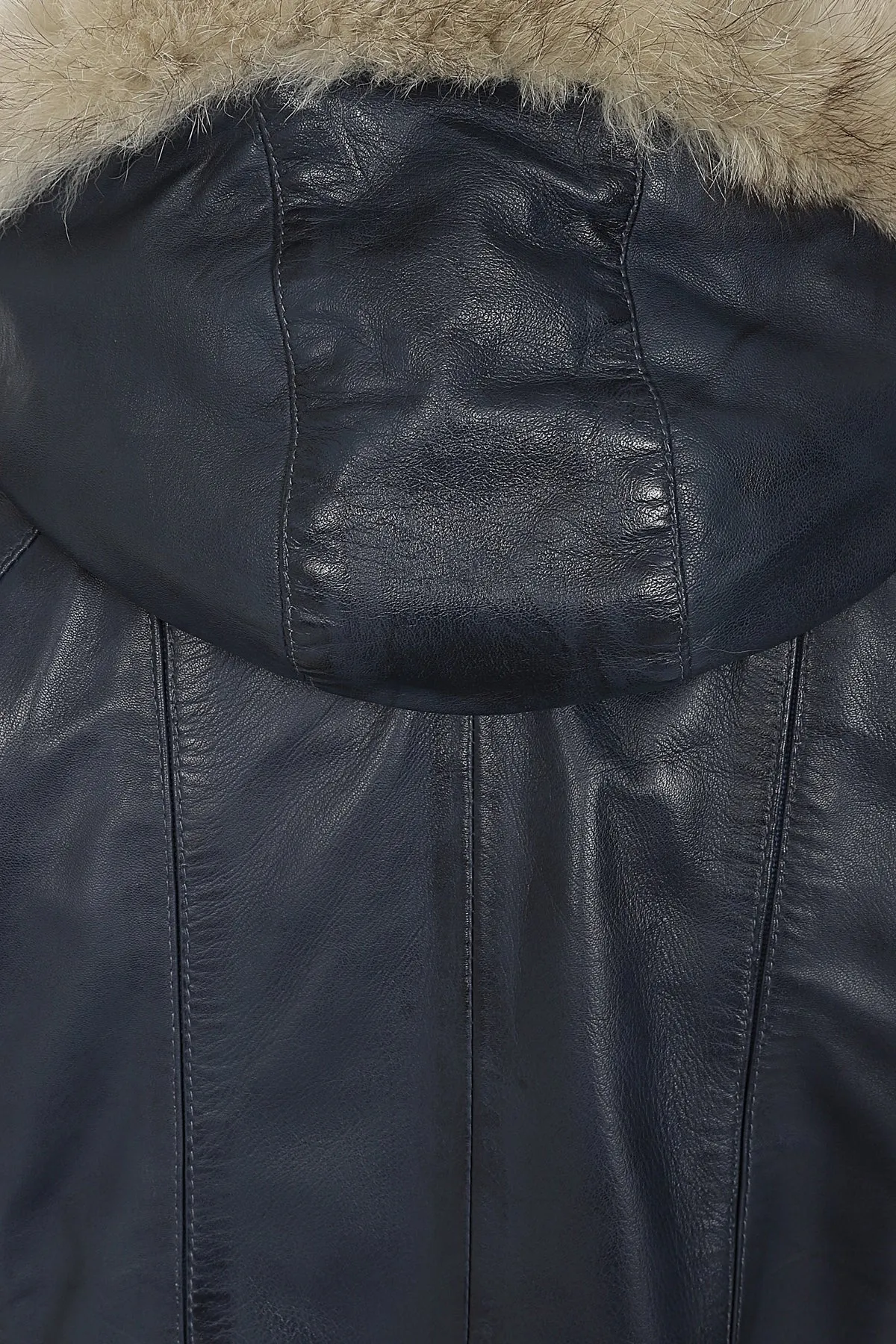 Women's Quality Navy 'Sky' Blue Leather Hip Length Coat with Fur Trimmed Detachable Hood - 'CARLA'