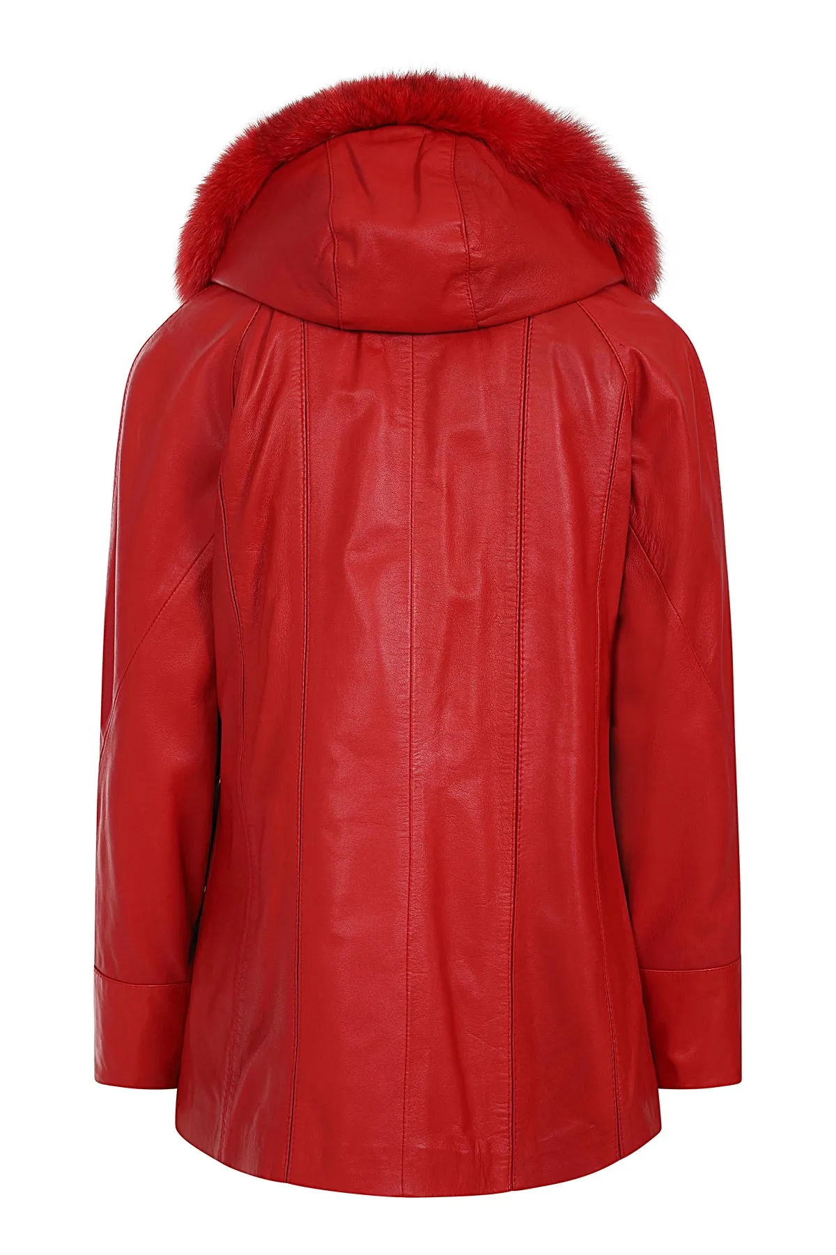 Women's Quality Red Leather Hip Length Coat with Fur Trimmed Detachable Hood - 'CARLA'