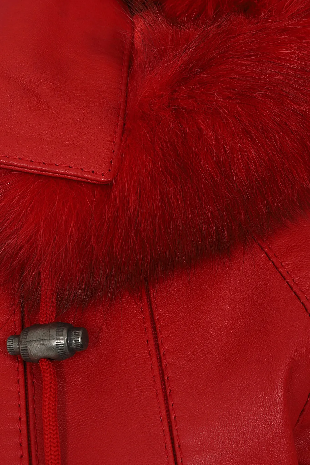 Women's Quality Red Leather Hip Length Coat with Fur Trimmed Detachable Hood - 'CARLA'