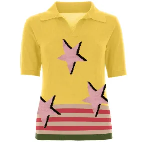 Women's yellow vintage striped knit V-neck polo shirt